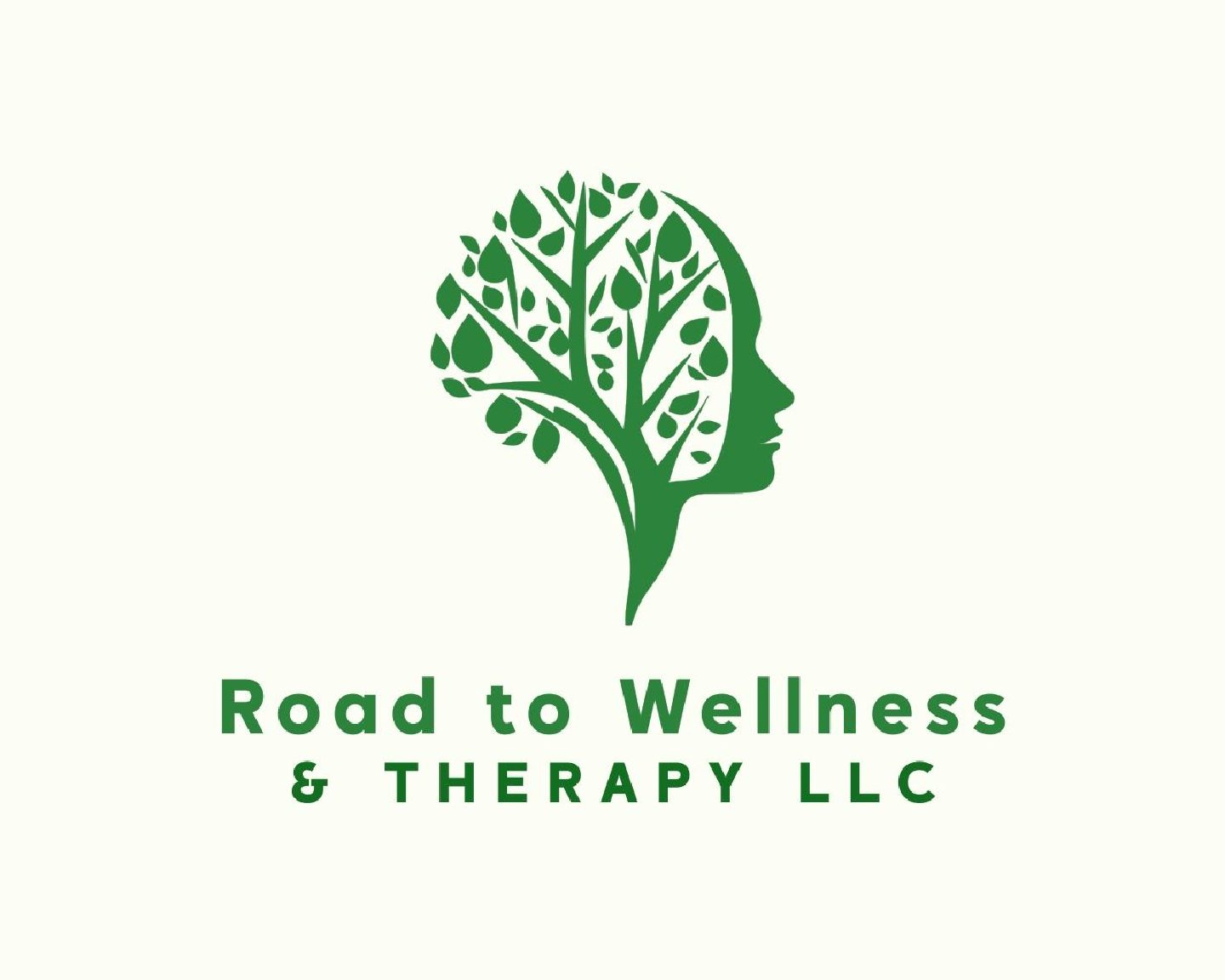 Logo of Road to Wellness & Therapy LLC featuring a green tree shaped like a human head.
