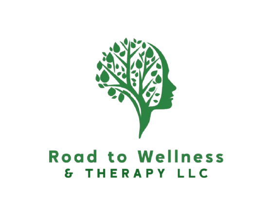 Logo of Road to Wellness & Therapy LLC featuring a human profile with a tree.