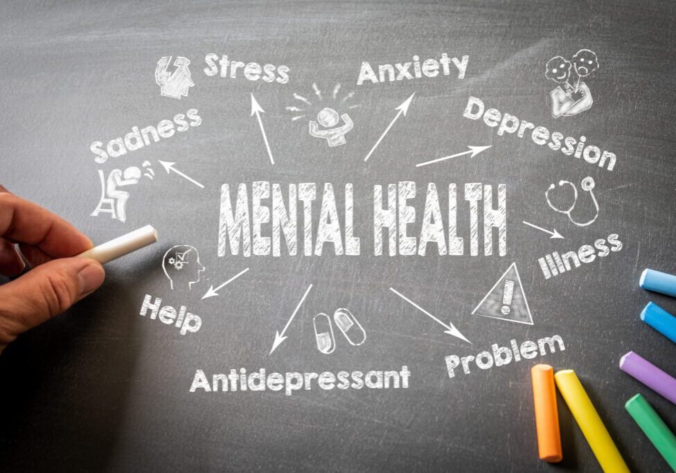 Mental health concepts illustrated on chalkboard.